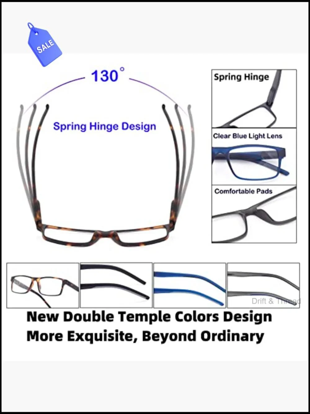 Spring Hinge Reading Glasses with Blue Light Blocking Lenses, Rectangular Full